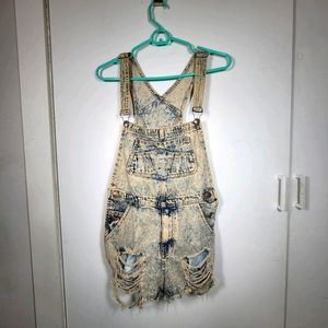Acid wash distressed denim overalls